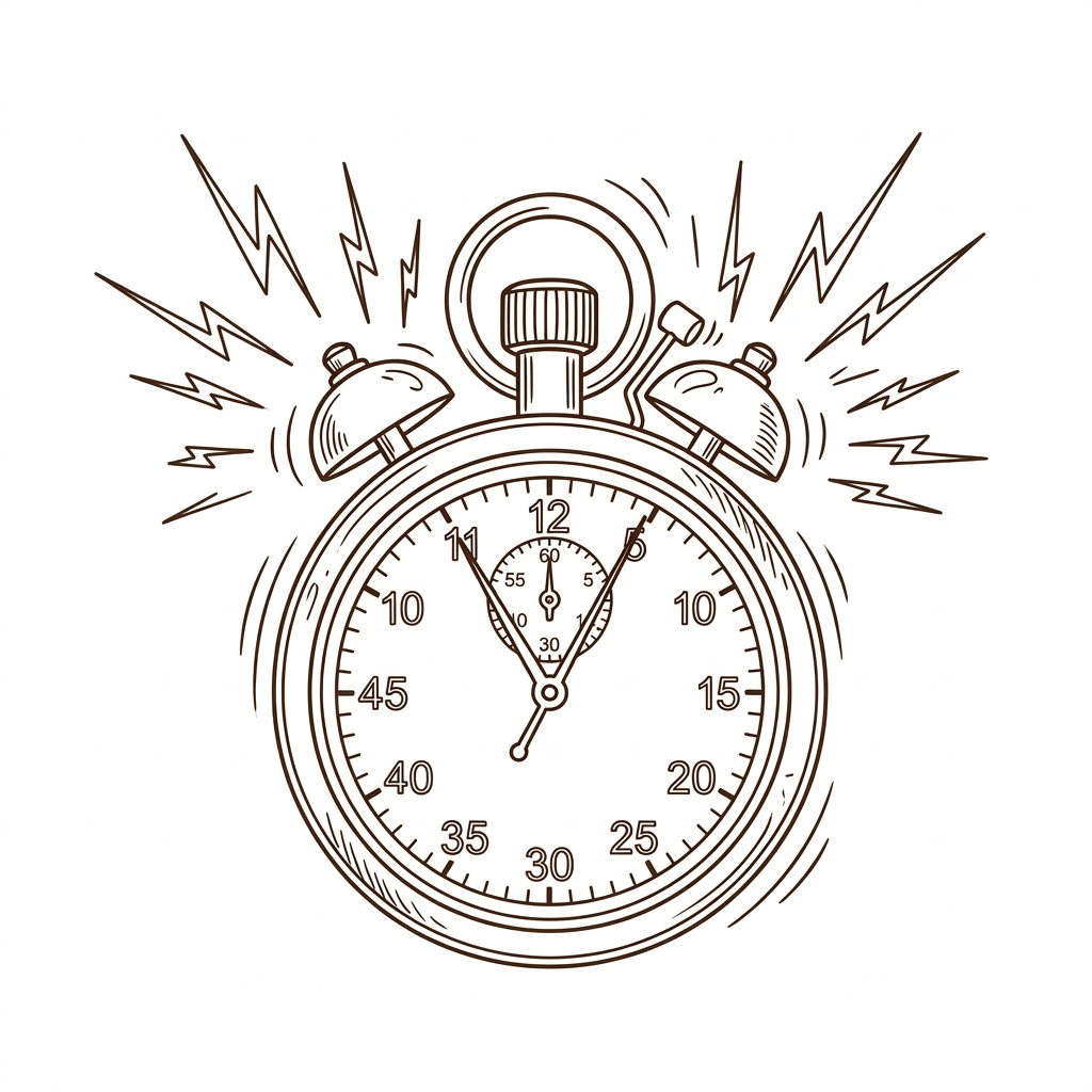 Illustration of a vintage stopwatch alarm ringing with two bells and lightning bolts